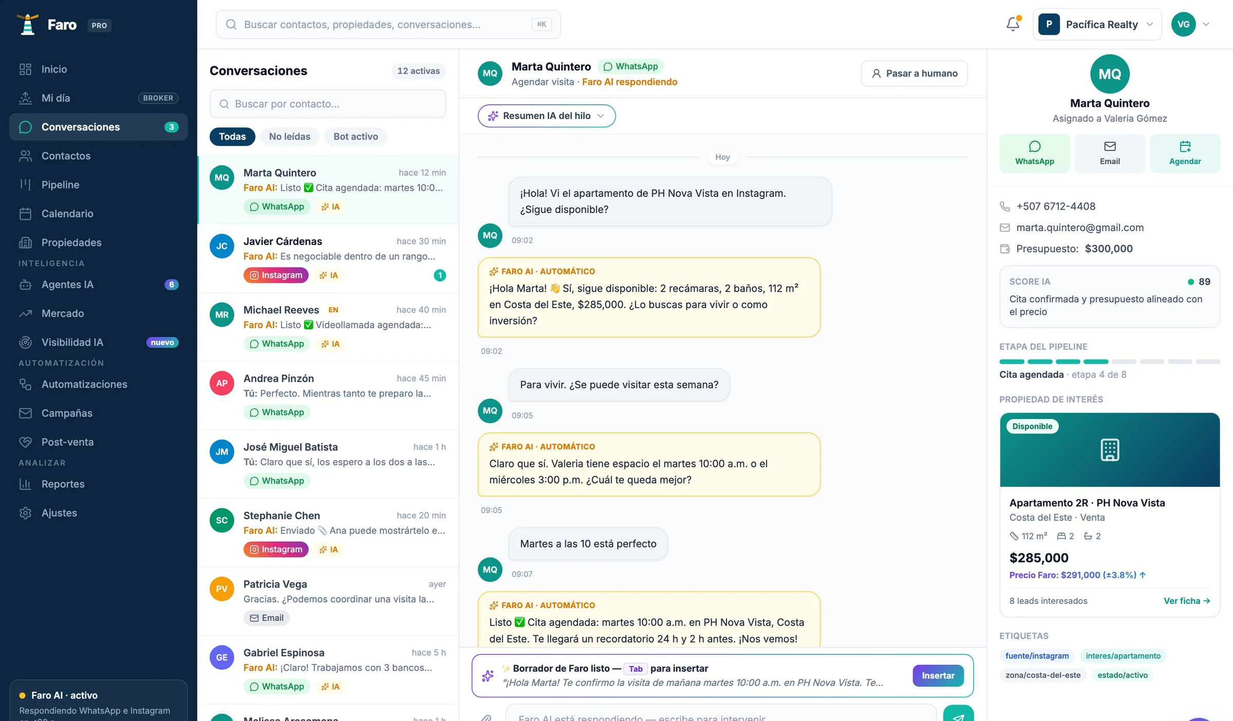 Bandeja unificada de Faro con las conversaciones de WhatsApp, Instagram y correo en una sola pantalla