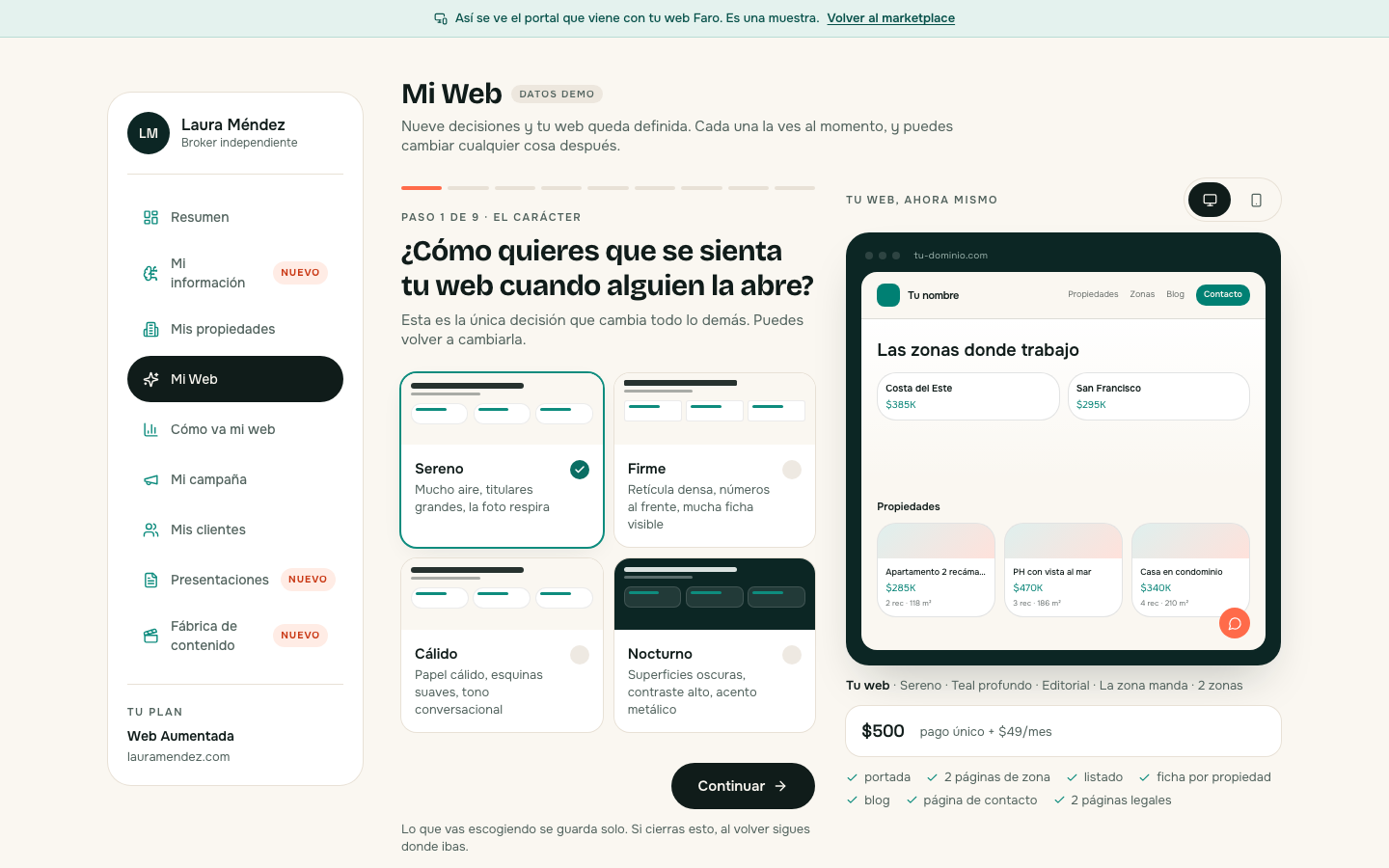 Mi Web en FARO 0.5 con nueve decisiones y vista previa en vivo