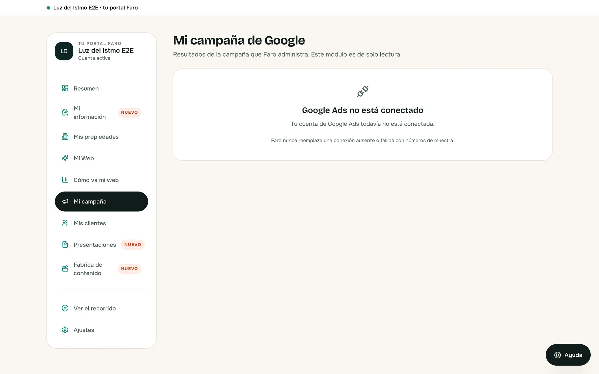 Módulo Mi campaña de Google en Faro Portal, sobre una cuenta de demostración: el estado honesto cuando la cuenta publicitaria no está conectada