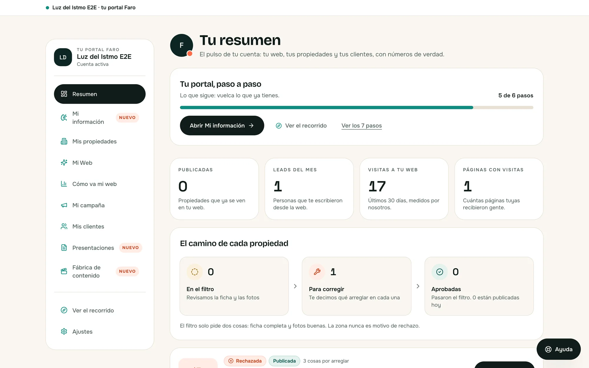 Pantalla de resumen de Faro Portal con el estado de la cuenta y los accesos a cada módulo