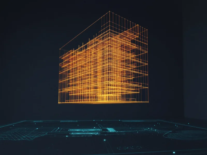 Maqueta holográfica dorada de una torre en preventa flotando sobre un plano digital